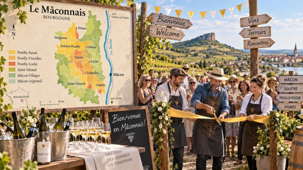 Winegrowers and consumers in the Mâconnais at a symbolic ribbon-cutting ceremony.