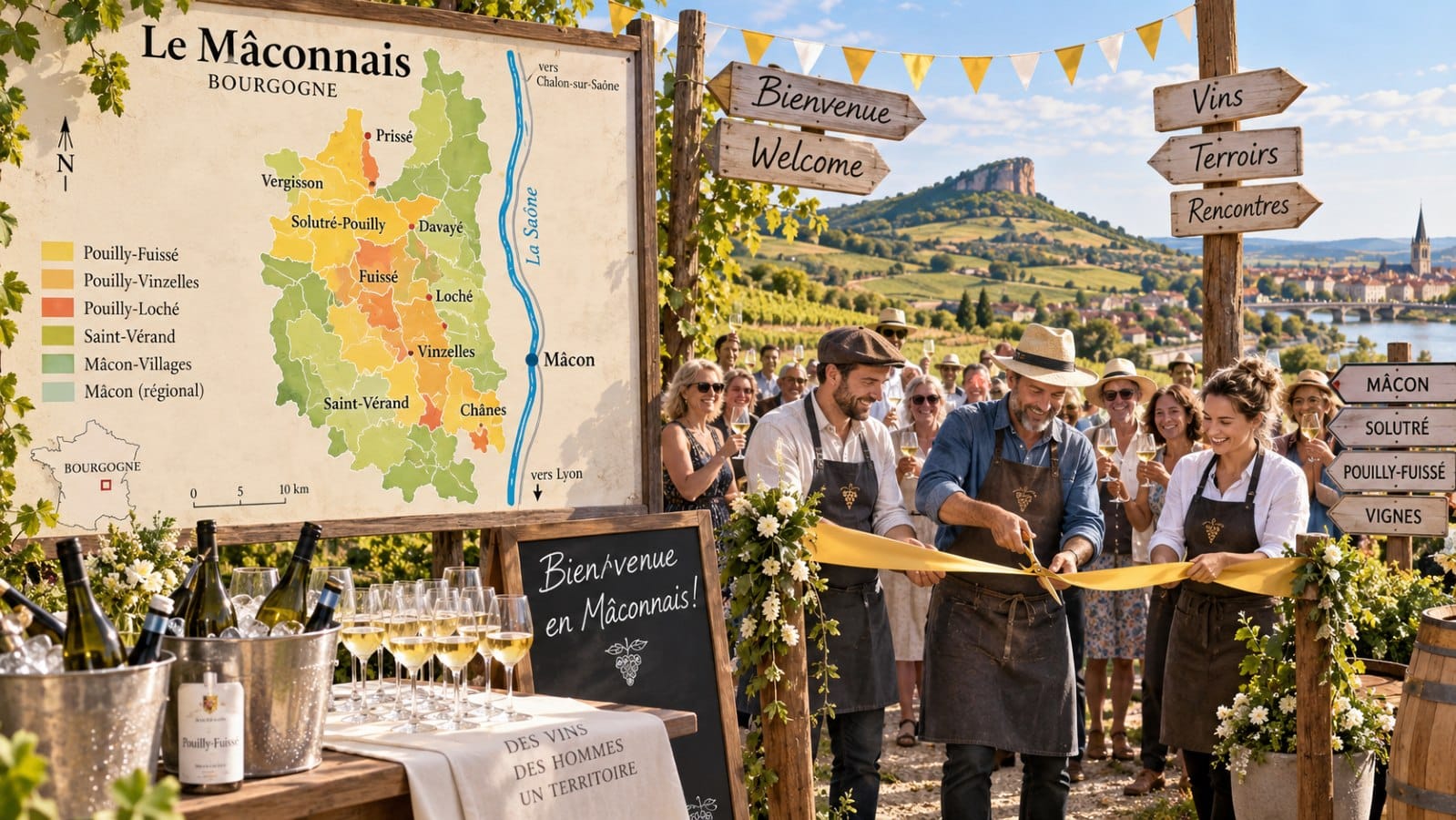 Winegrowers and consumers in the Mâconnais at a symbolic ribbon-cutting ceremony.