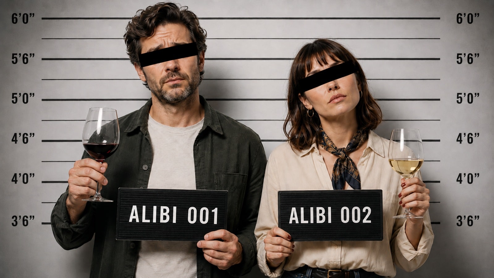 Two wine consumers presented as suspects in a police line-up, illustrating how the wine industry uses the consumer as an alibi.