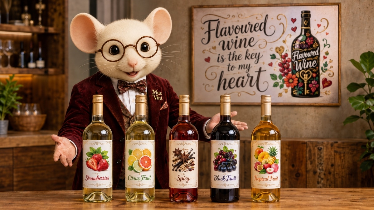 Mus Vini presenting five bottles of flavoured wine, including citrus, spice, black fruit and tropical fruit styles.