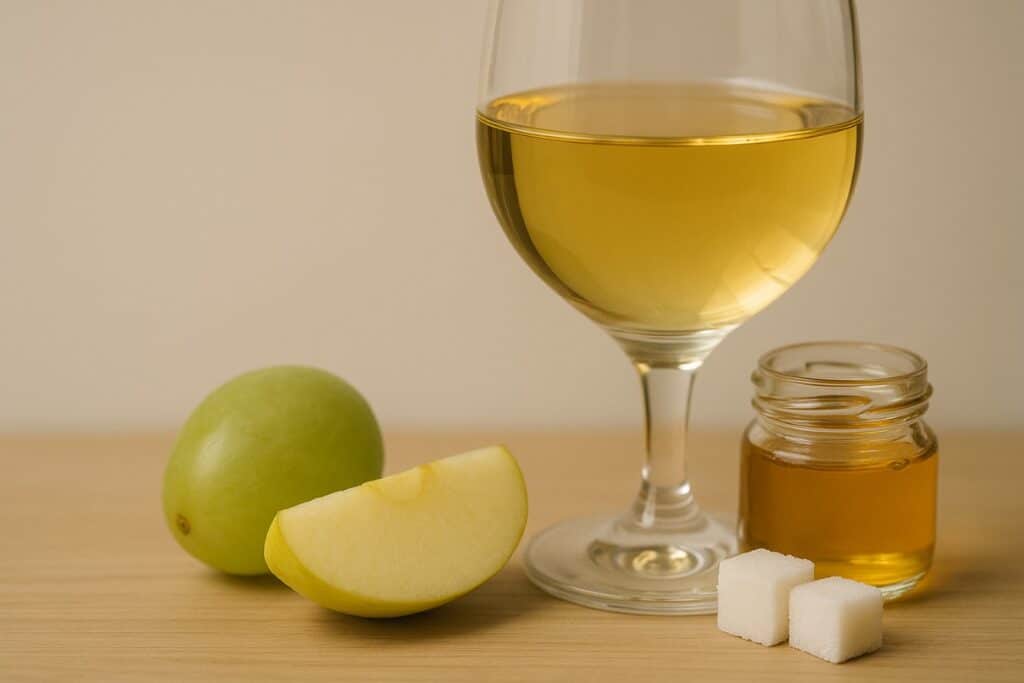 Make it sweet, call it dry. Glass of white wine beside green apple, honey and sugar cubes, illustrating sweetness and perceived dryness in wine.