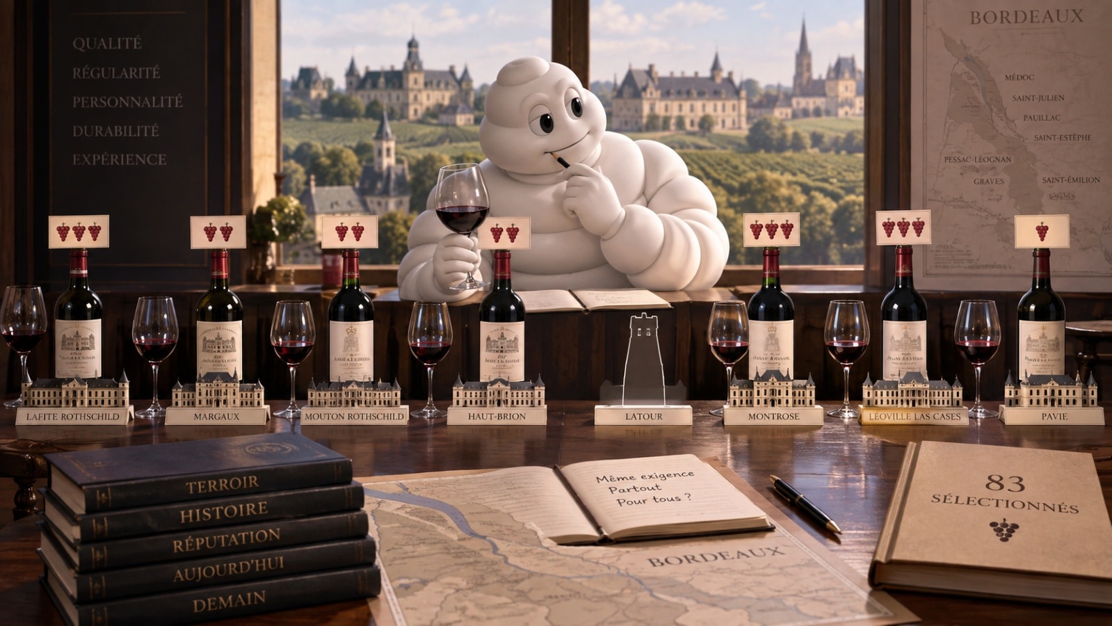 Michelin mascot Bibendum judging Bordeaux wines at a tasting table, with grape ratings above the bottles and Château Latour shown as an empty place.