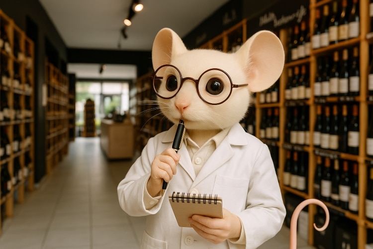 Mus Vini reflecting on the raison d’être of The Wine Shift in a wine shop.