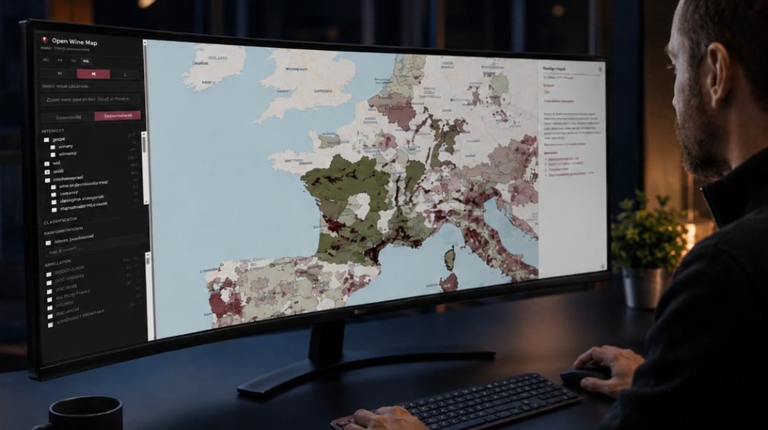 Man at a desk viewing Open Wine Map on a curved monitor, showing European wine regions in shades of green and burgundy, with filter options for appellations.
