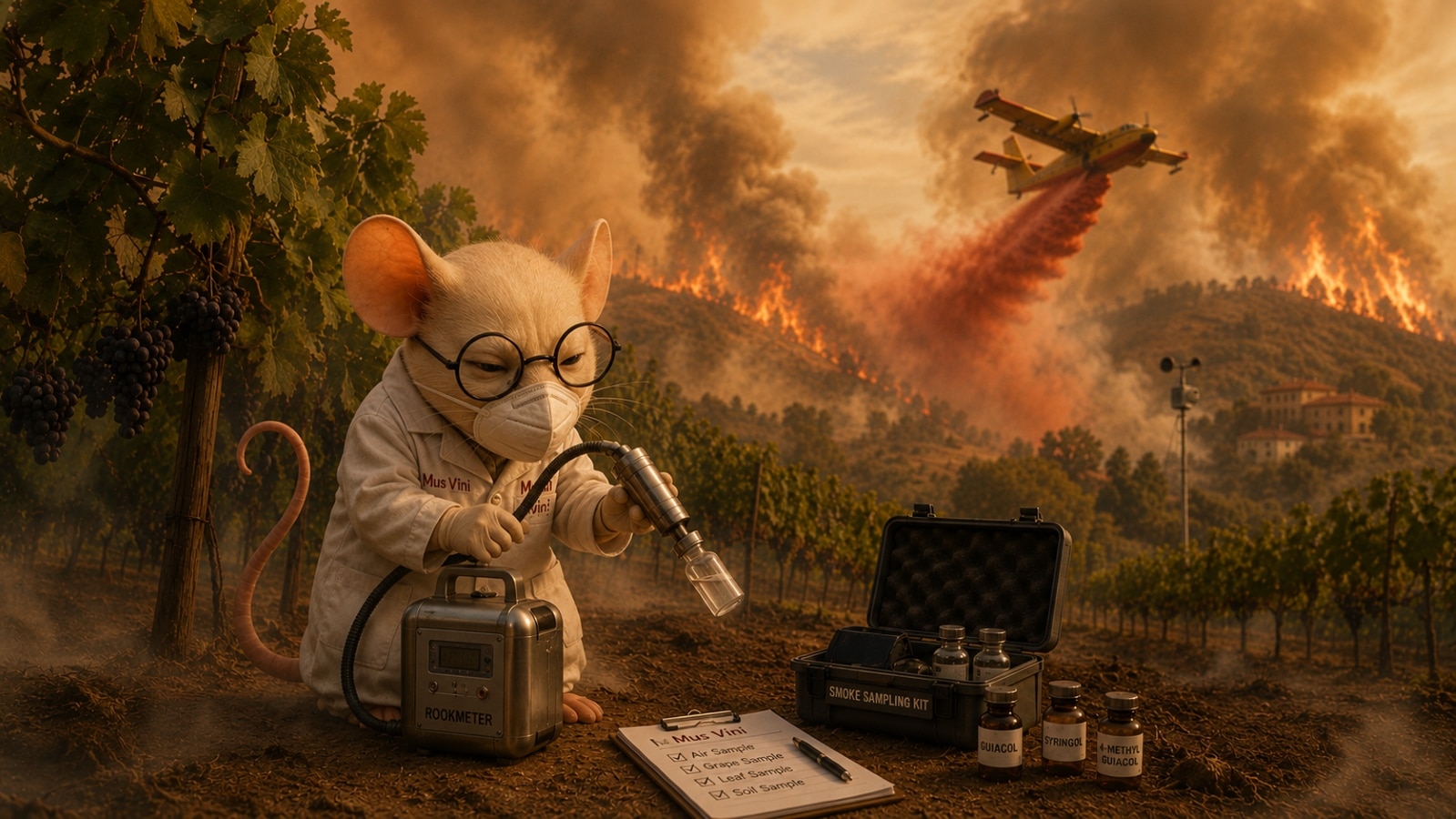Mus Vini collecting smoke samples in a vineyard during a wildfire, with smoke, flames and an aerial firefighting plane in the background.