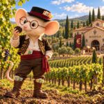 Mus Vini in Spanish dress at the edge of a vineyard, euro notes tucked into his hat, belt and boots, sniffing at black soil, with a Spanish bodega in the background.