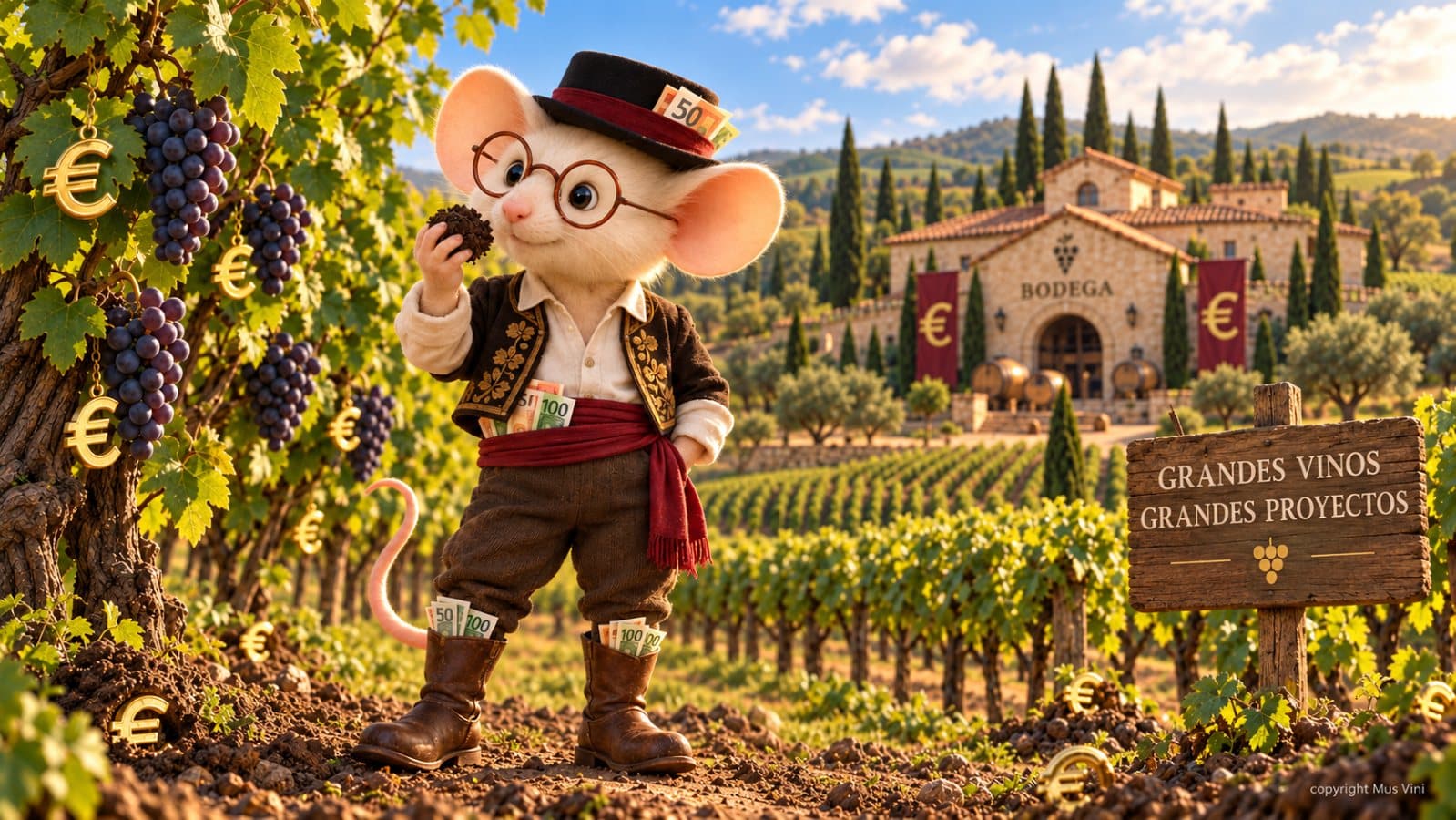 Mus Vini in Spanish dress at the edge of a vineyard, euro notes tucked into his hat, belt and boots, sniffing at black soil, with a Spanish bodega in the background.