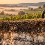 Vineyard landscape in Burgundy at sunrise, with exposed limestone-rich soil, morning mist and a winegrower working among the vines.
