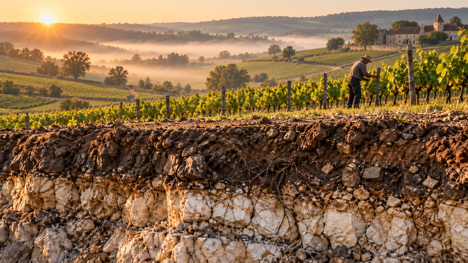 Vineyard landscape in Burgundy at sunrise, with exposed limestone-rich soil, morning mist and a winegrower working among the vines.