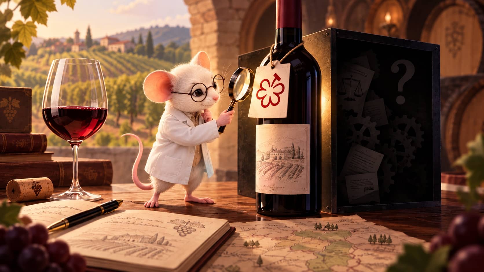 Mouse Mus Vini examining a mysterious tag on a wine bottle with a magnifying glass, surrounded by vineyard notes and a glass of red wine.