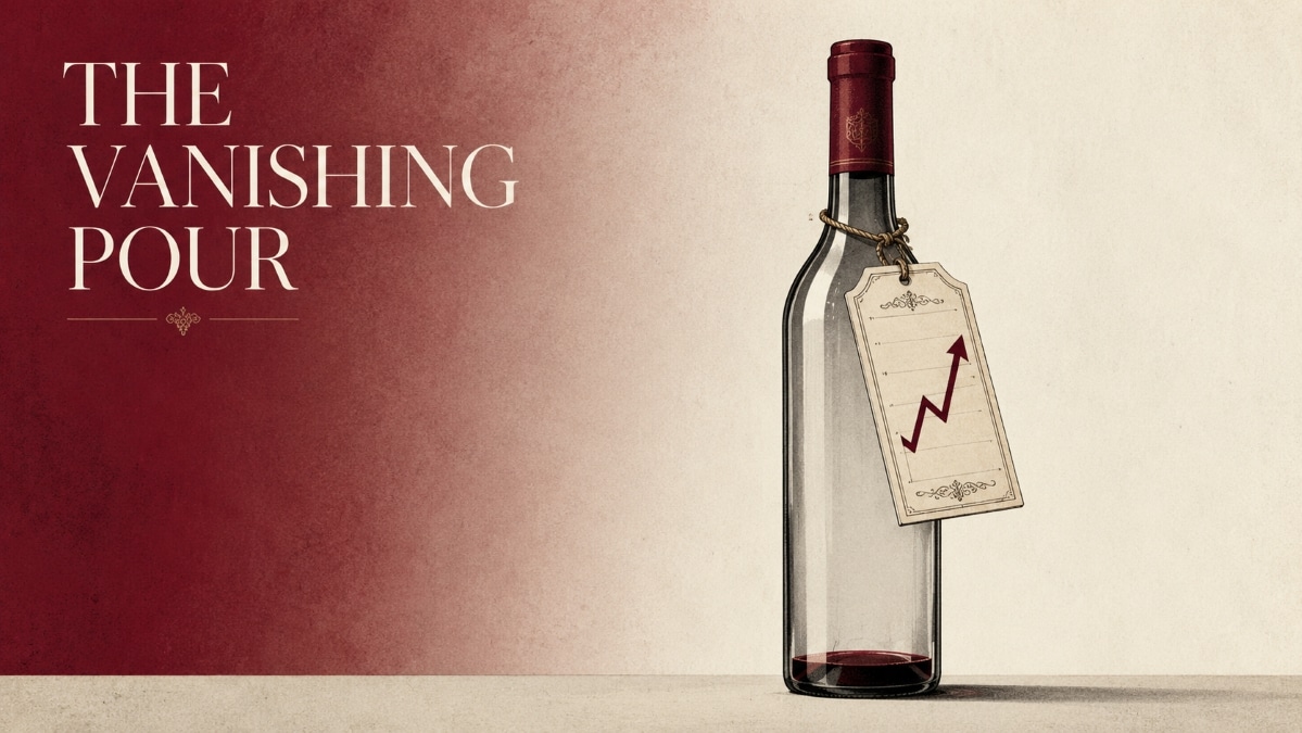 An almost empty wine bottle with a tag showing a rising graph, illustrating declining wine consumption under the title ‘The Vanishing Pour’.