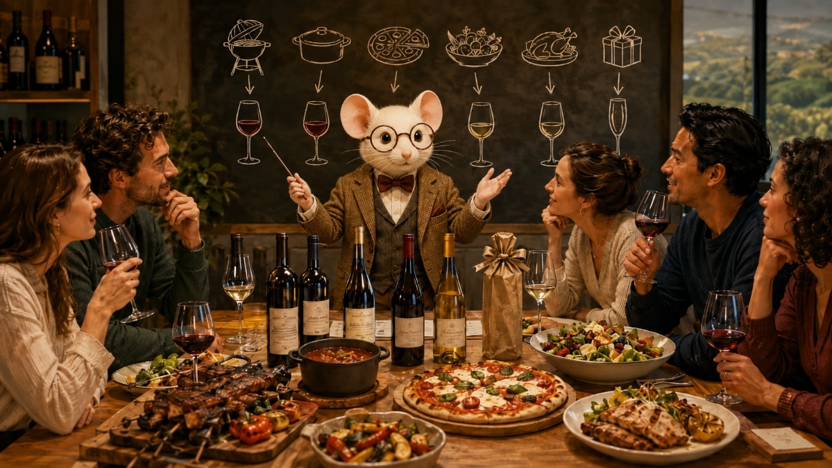 Mus Vini explaining food and wine pairing to a group of diners, with several wines and dishes on the table.
