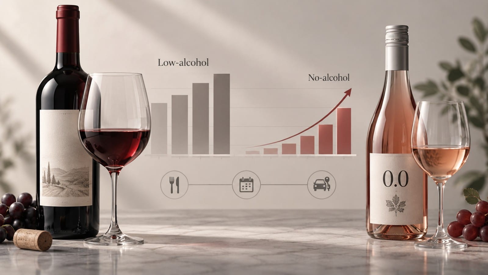 Illustration comparing low-alcohol and no-alcohol wine, with wine bottles, glasses and charts showing stronger growth for no-alcohol wine.